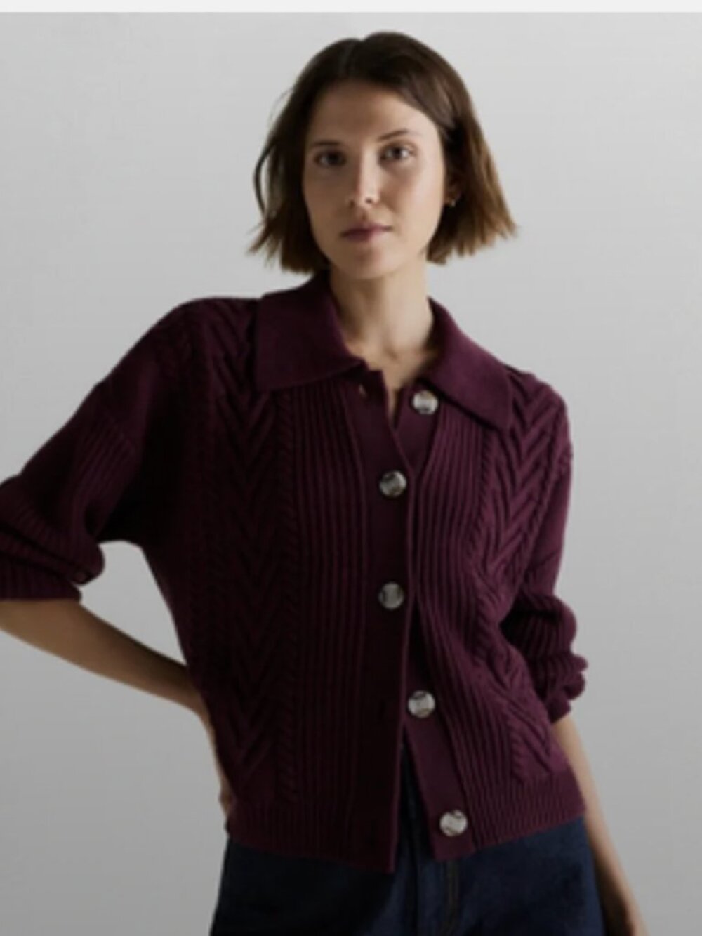 Quince Australian Merino Wool Collared Cable Cardigan barolo burgundy